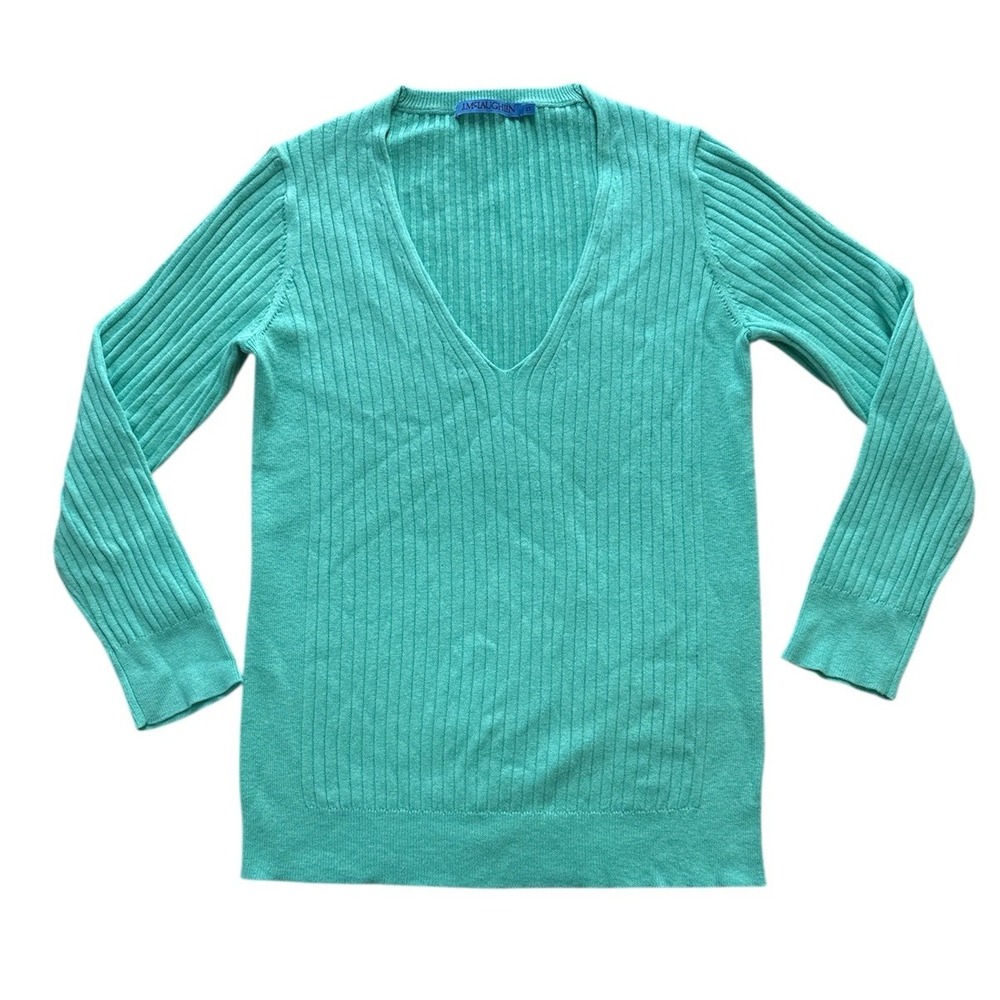 J. MCLAUGHLIN V-Neck Sweater Womens XS Green Ribbed Pullover Knit Cotton Modal